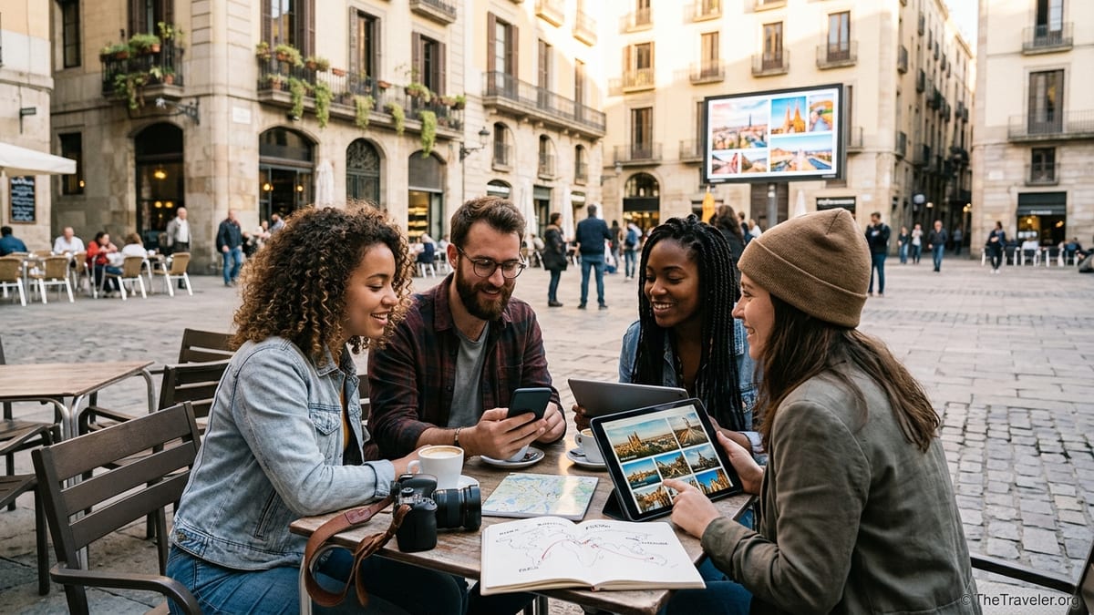 Travelers at a European cafe comparing visual trip ideas on phones and maps at sunset.