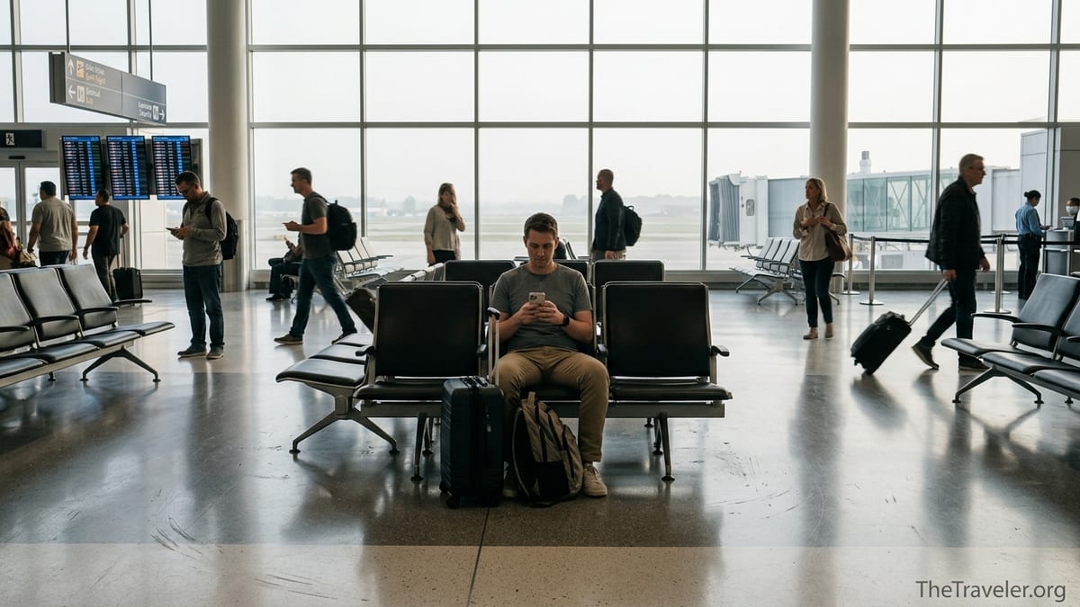 Traveler in an airport terminal setting up a mobile eSIM on their phone before a flight.