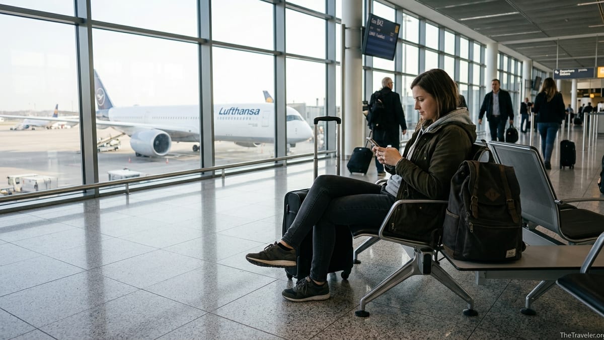Traveler at an airport gate activating a travel eSIM on a smartphone.