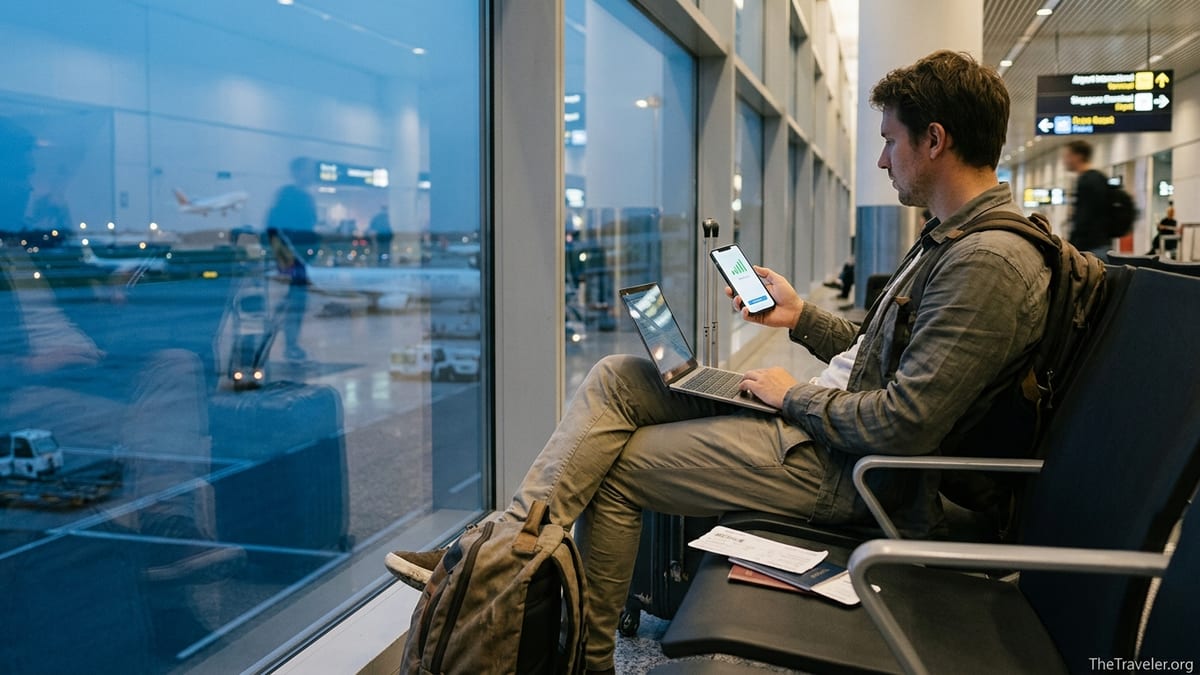 Traveler in an airport terminal checking a travel eSIM on their phone at dusk.