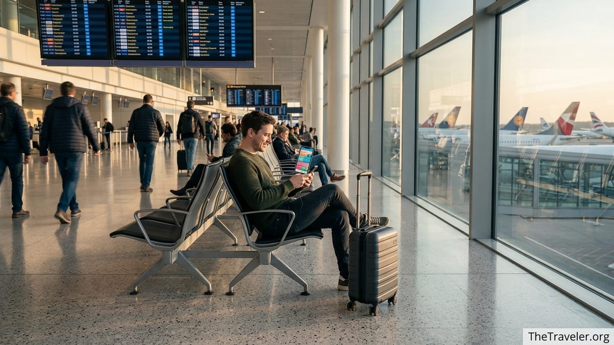 Traveler in an airport departure hall using a smartphone eSIM app before an international flight.