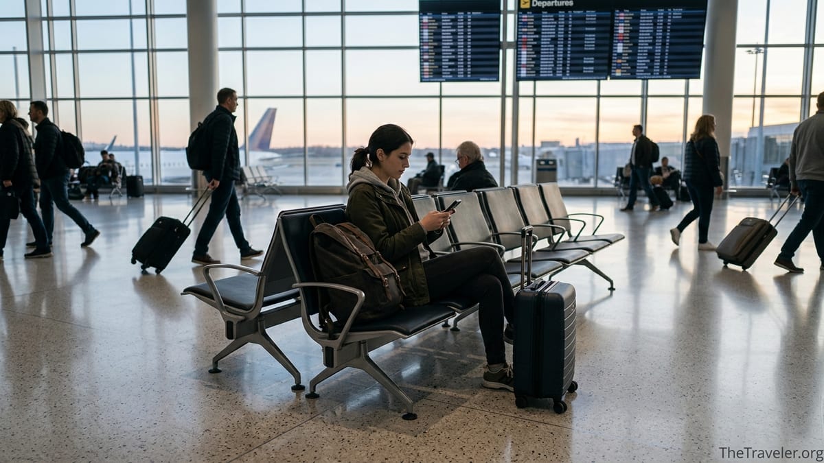 Traveler in an airport terminal checking a travel eSIM app on their phone at sunrise.