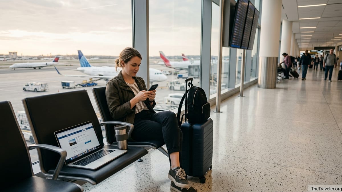 Traveler using a smartphone and laptop at an airport gate with planes outside.