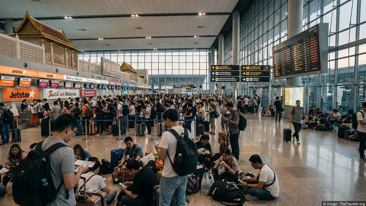 Crowded Bangkok airport terminal with Jetstar and Batik Air passengers queuing after flight cancellations.