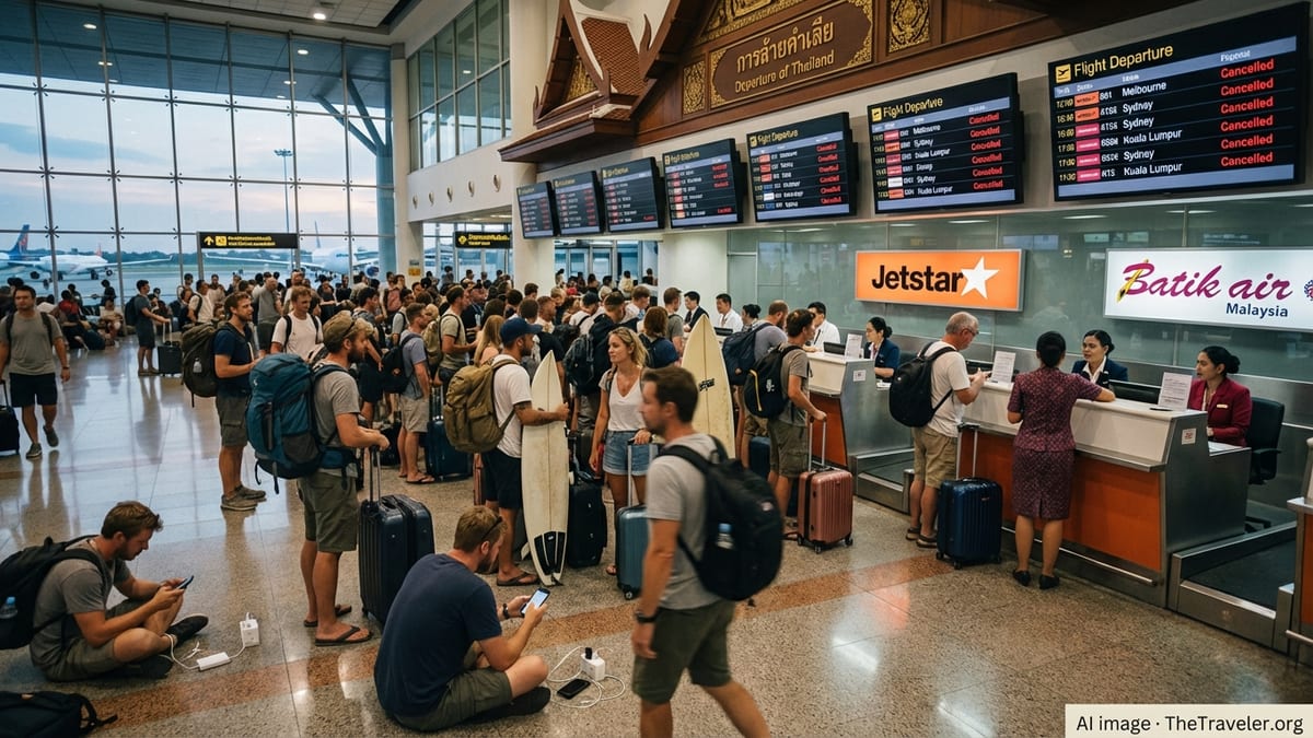 Stranded passengers crowd Jetstar and Batik Air desks in a Thai airport after flight cancellations.