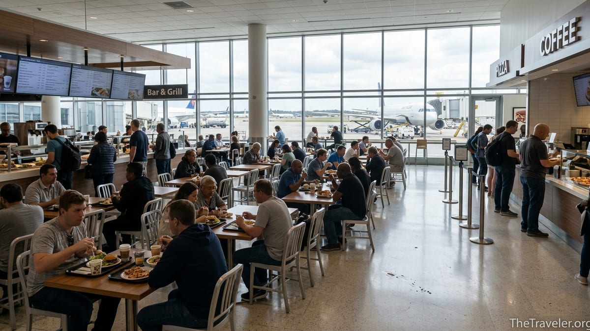 Busy food court in a JFK Airport concourse with travelers dining near large windows.