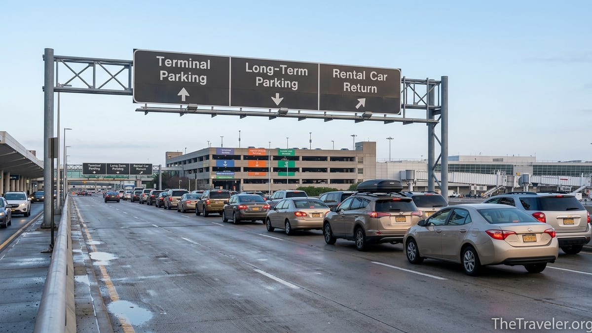 Cars approach JFK Airport parking entrances near terminal garages in early morning light.