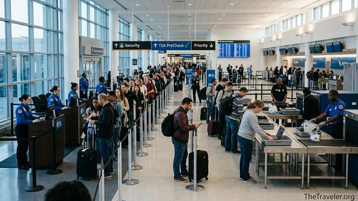 Passengers queue at JFK Terminal 4 TSA security with signs for PreCheck and priority lanes visible.