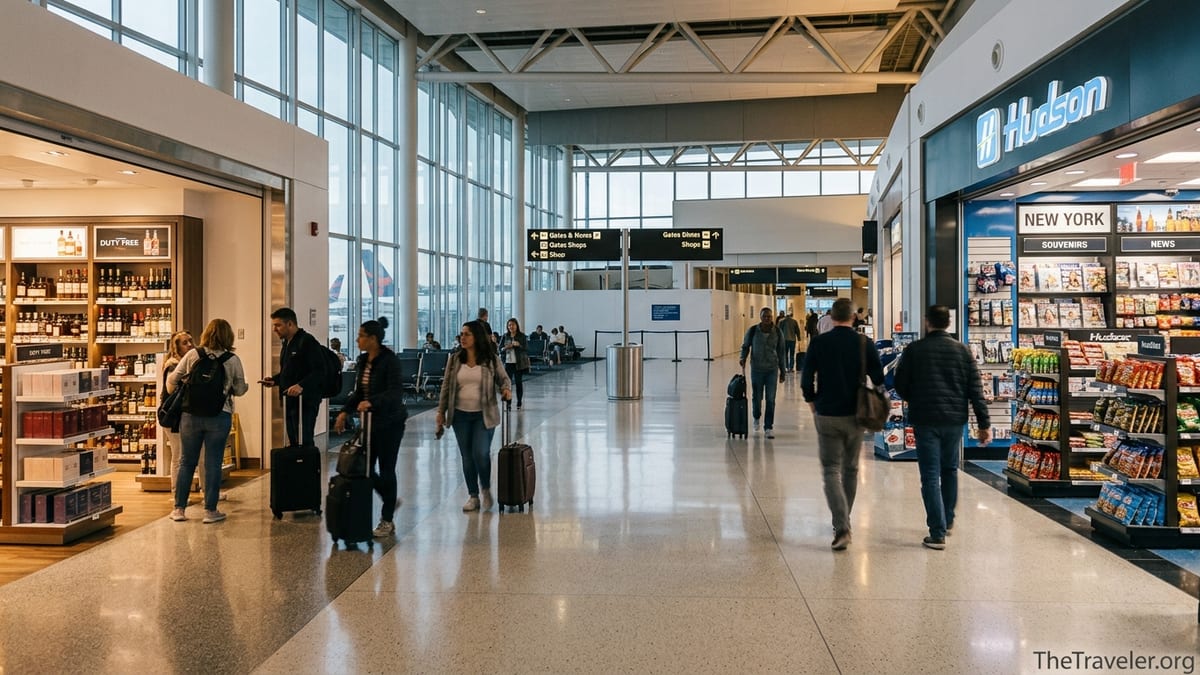 Travelers shopping at duty free and gift shops inside New York JFK Airport terminal.