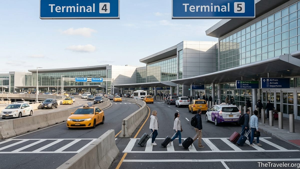 Travelers with suitcases outside JFK terminals following signs to different buildings.