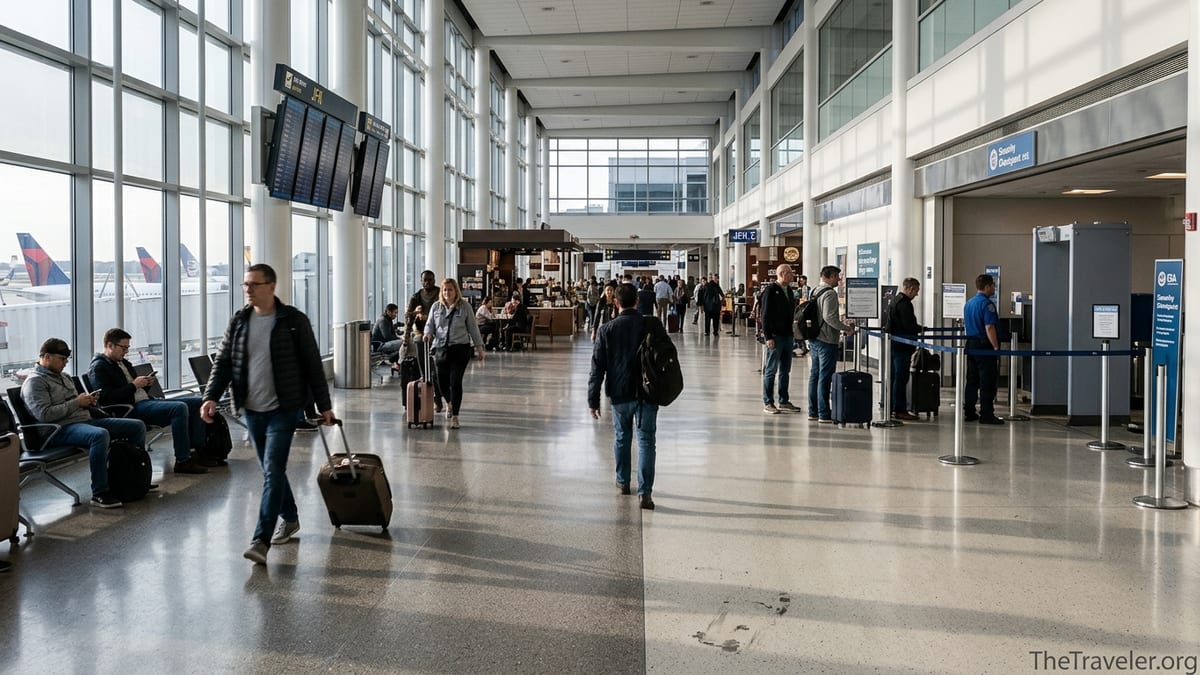 Busy morning concourse inside JFK Terminal 4 with travelers walking toward gates and security.