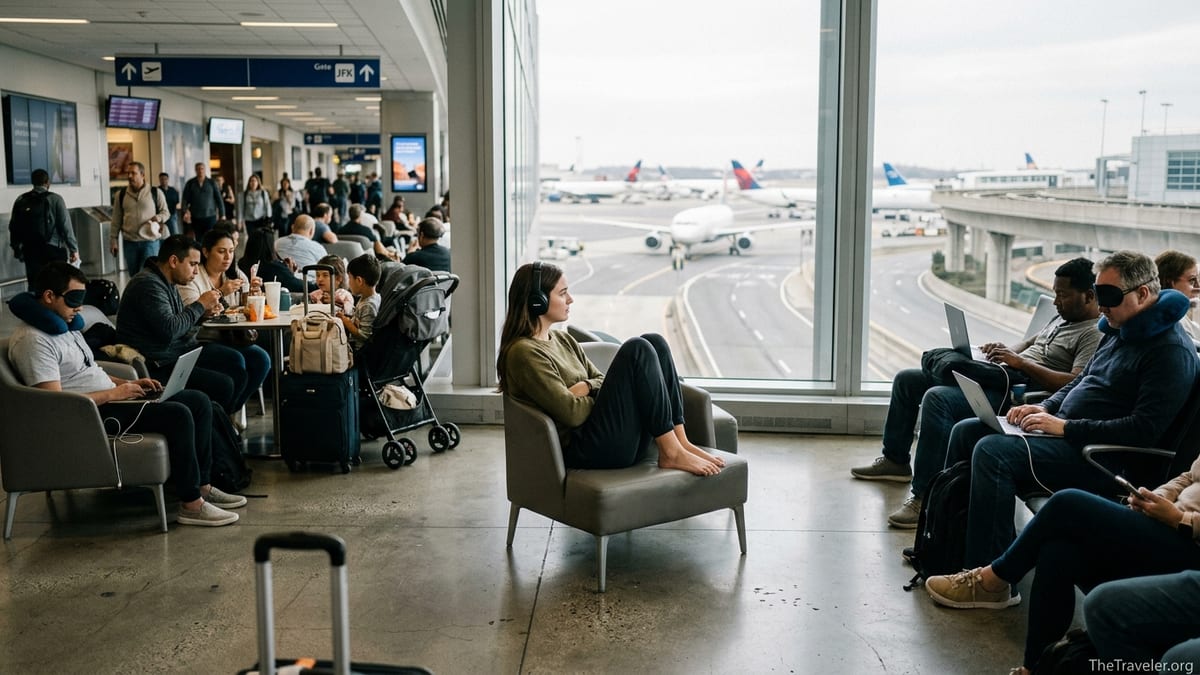 Travelers resting and working during a long layover at New York JFK Airport concourse.