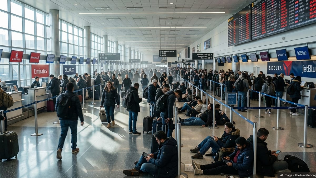 Crowded departure hall at JFK Airport with long lines and delayed flights on screens.