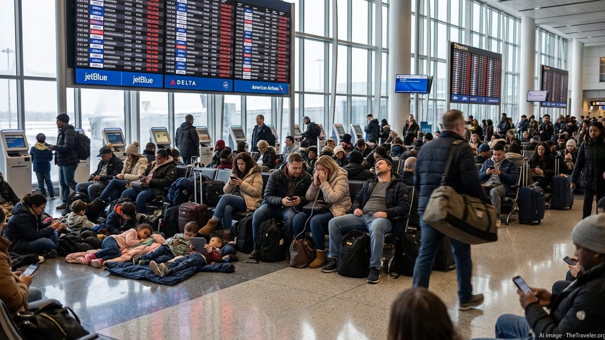 Crowded JFK Airport departure hall with stranded passengers and boards showing widespread delays and cancellations.