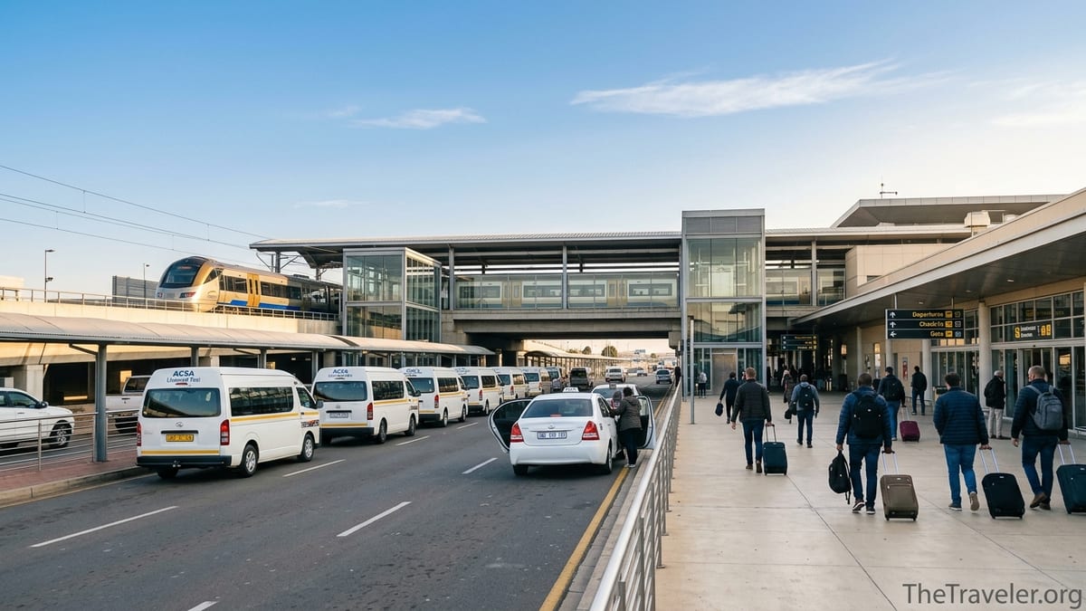 Travelers using taxis and rail outside Johannesburg OR Tambo International Airport.
