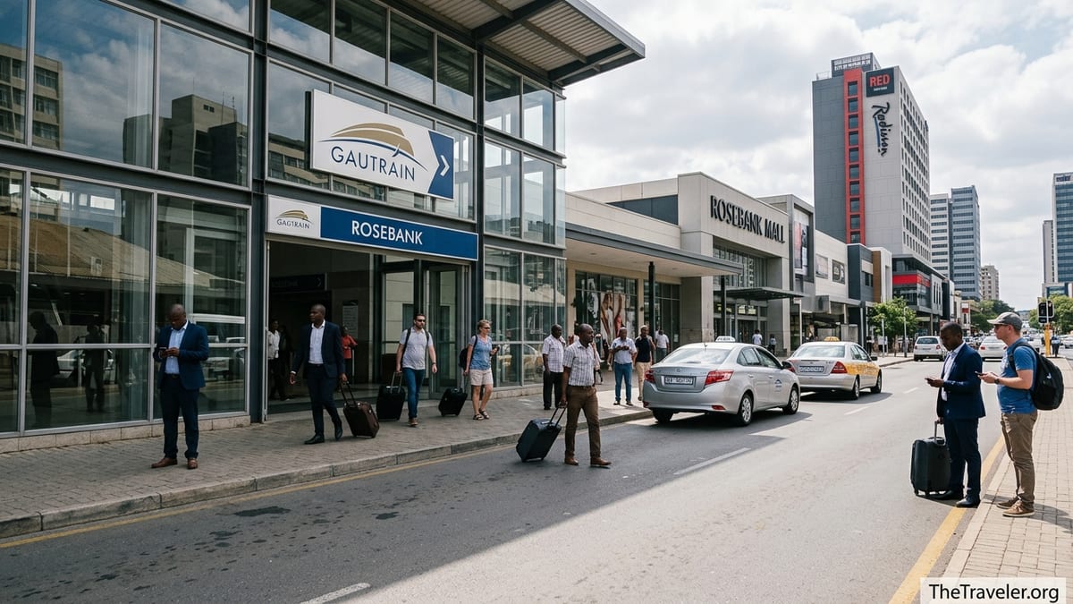 Travelers with luggage outside Rosebank Gautrain station linking Johannesburg airport to hotels.