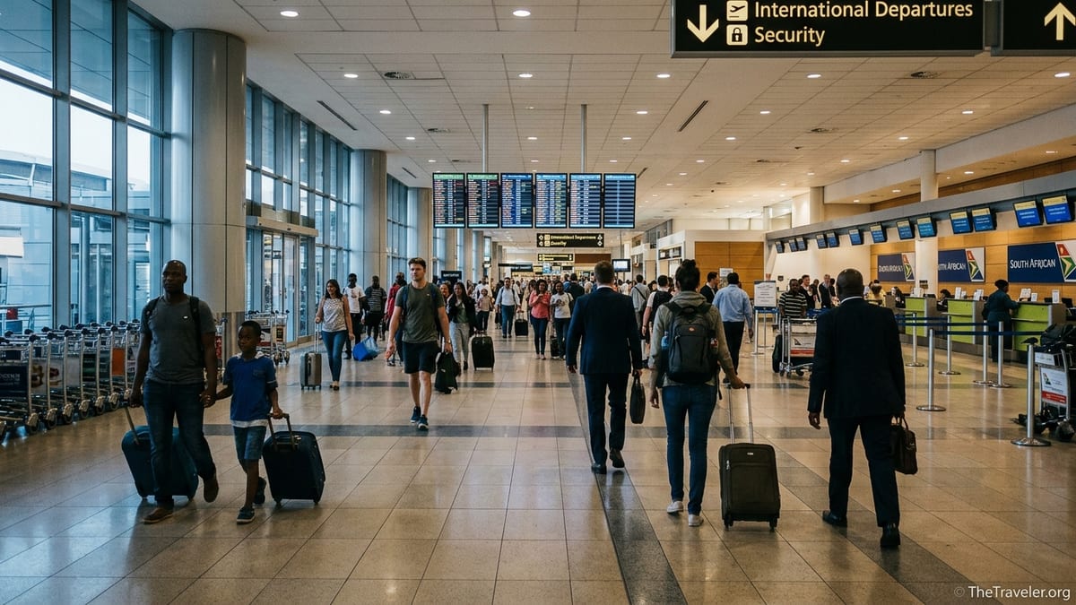 Travelers walking between domestic and international check in areas at Johannesburg O. R. Tambo Airport.