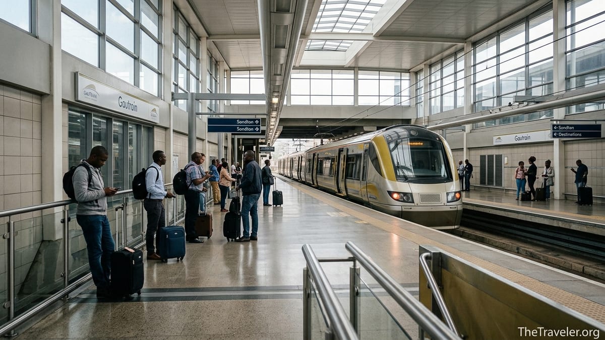 Travelers with luggage boarding a Gautrain train at Johannesburg’s airport station.