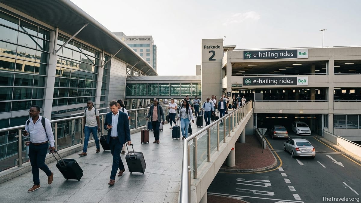 Travelers walking toward Parkade 2 e-hailing pickup area at Johannesburg OR Tambo Airport.