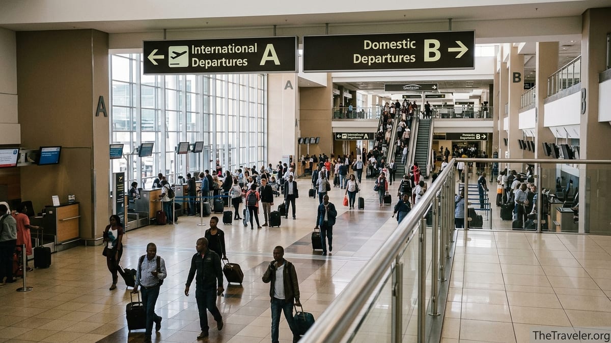 Inside Johannesburg O.R. Tambo Airport showing signs for Terminal A international and Terminal B domestic departures.