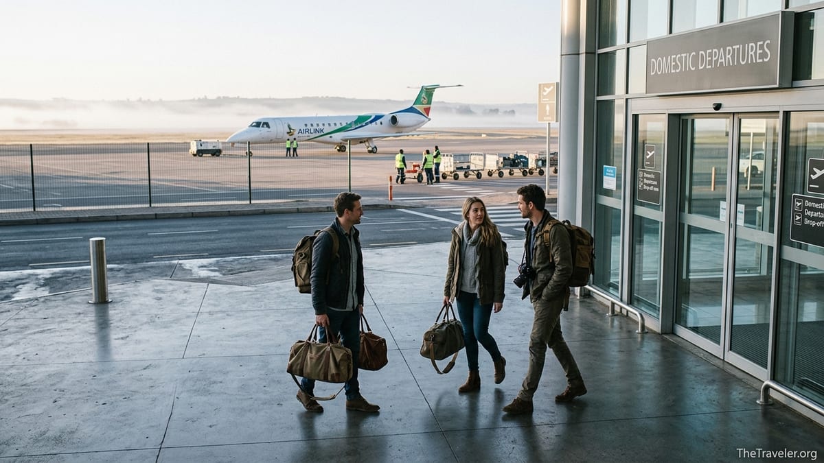 Travelers with duffel bags walking into Johannesburg OR Tambo airport at sunrise for a Kruger safari flight.