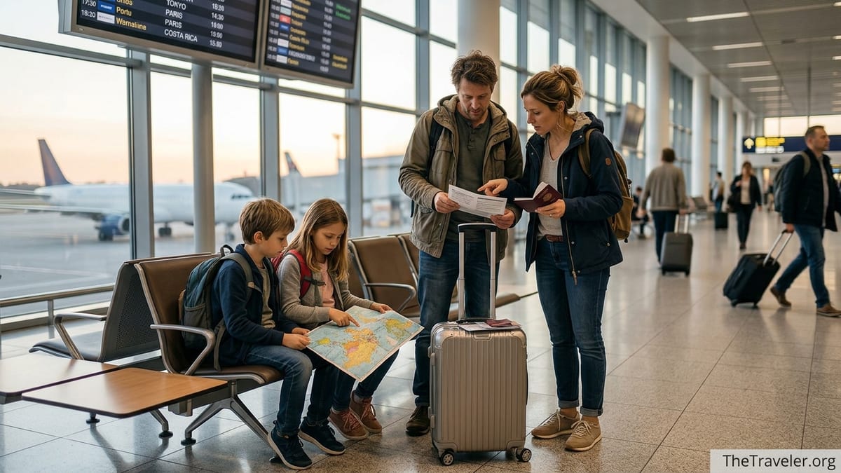 Family reviewing travel insurance documents together in a busy international airport terminal.