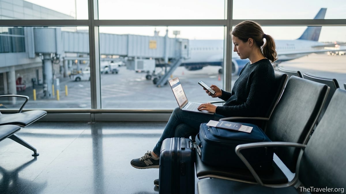 Traveler at airport gate reviewing travel insurance documents on laptop and phone.
