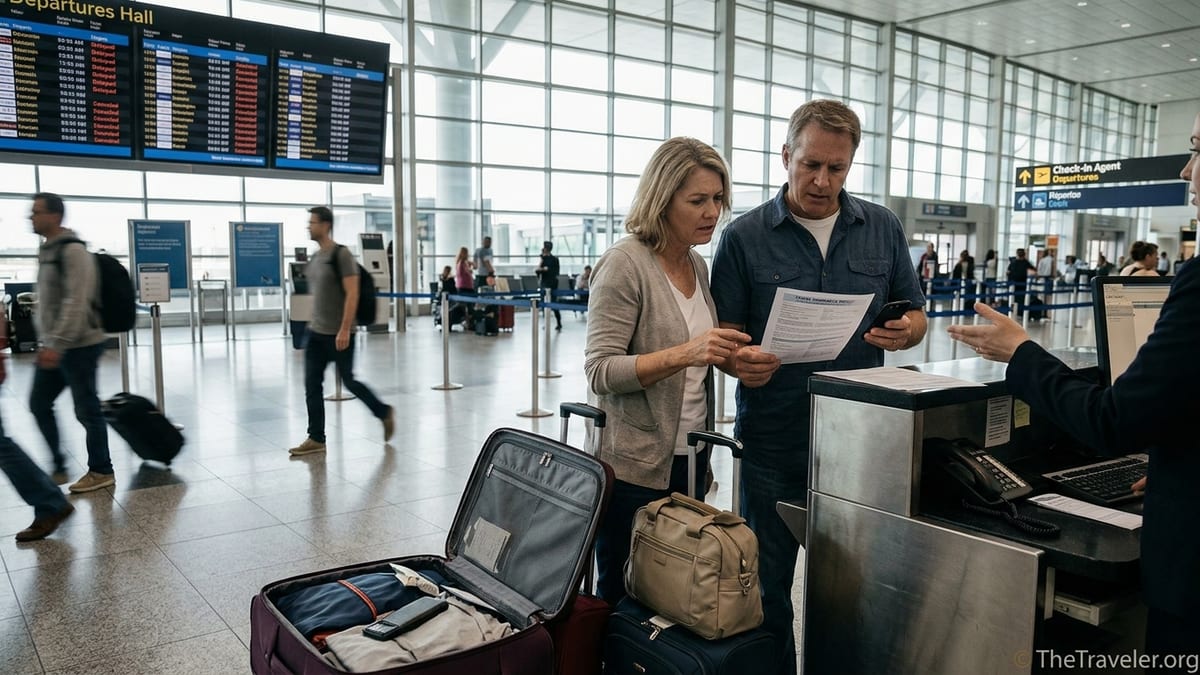 Worried couple at an airport check-in counter reviewing travel insurance papers.