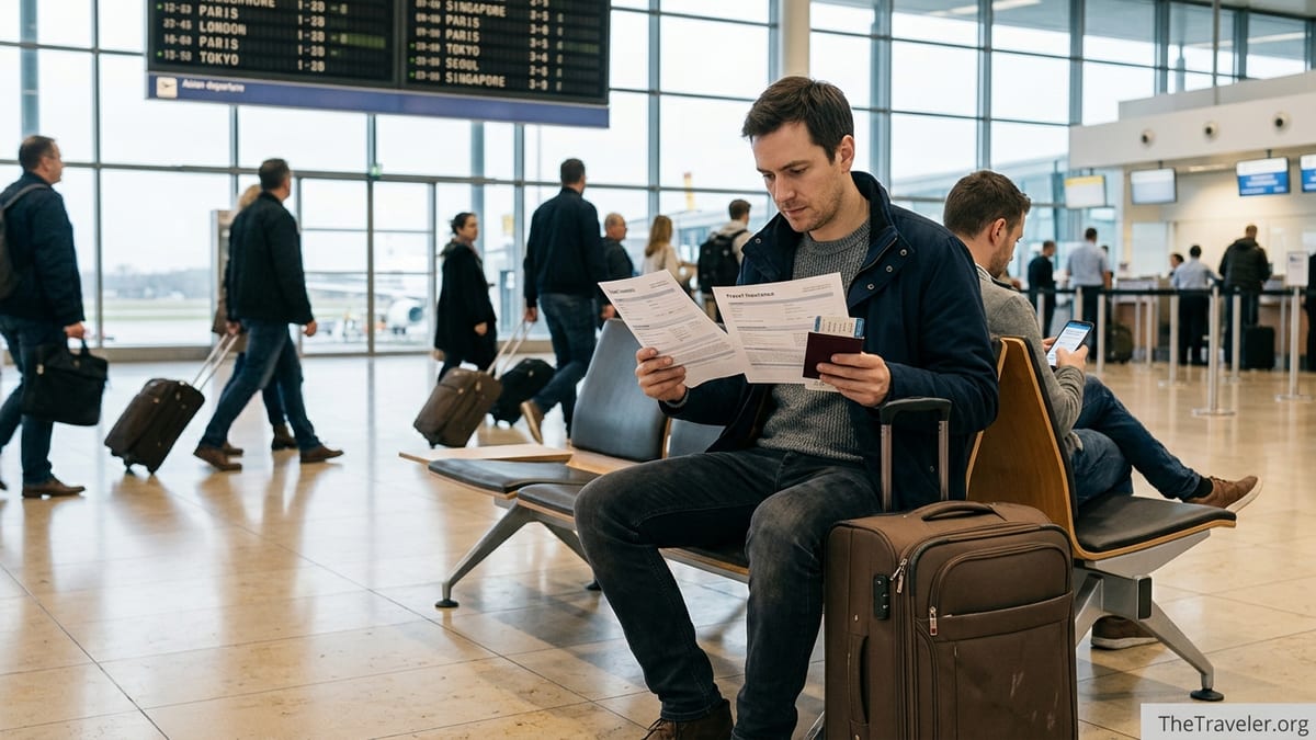 Traveler in airport comparing two travel insurance documents before departure