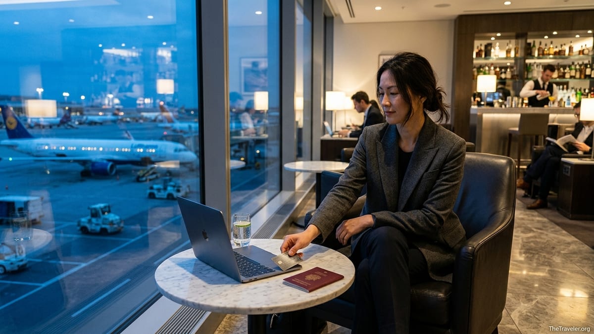 Traveler in an upscale airport lounge places a heavy metal credit card on a marble table at dusk.