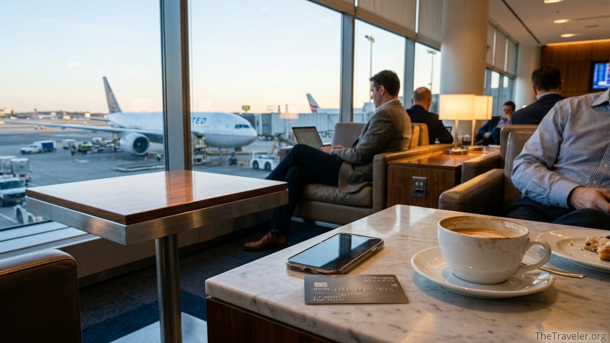 J.P. Morgan Reserve card on a lounge table overlooking planes through large airport windows.