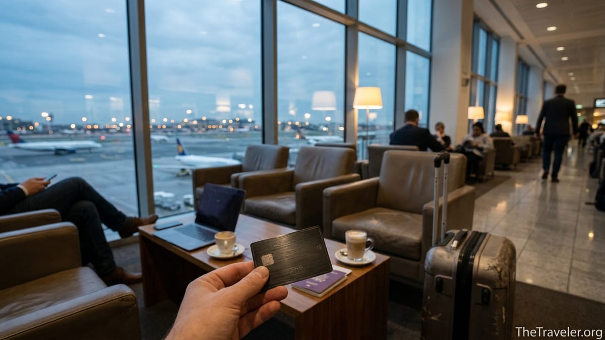 Traveler sets a metal premium credit card beside a passport in a busy airport lounge at dusk.