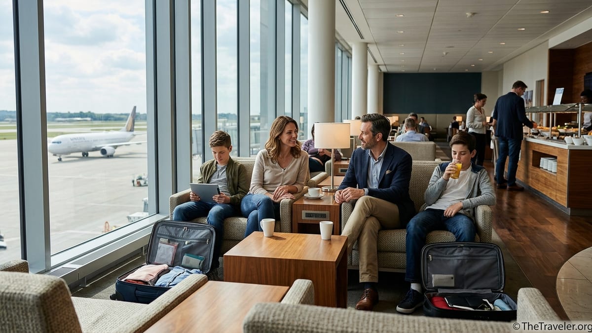 Family relaxing in a modern airport lounge with runway view in background