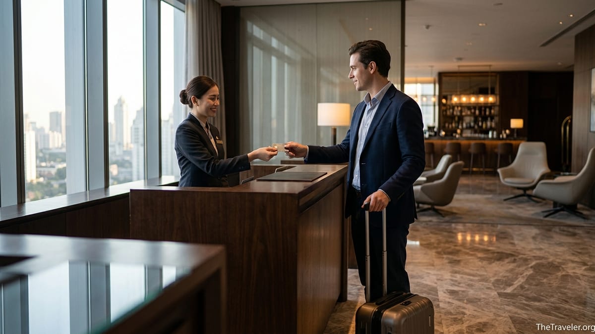 Traveler handing a metal credit card to a front-desk agent in a luxury hotel lobby.