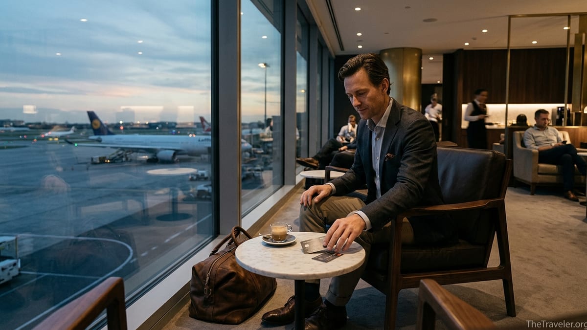 Traveler in an upscale airport lounge with metal credit cards on a table by the window.