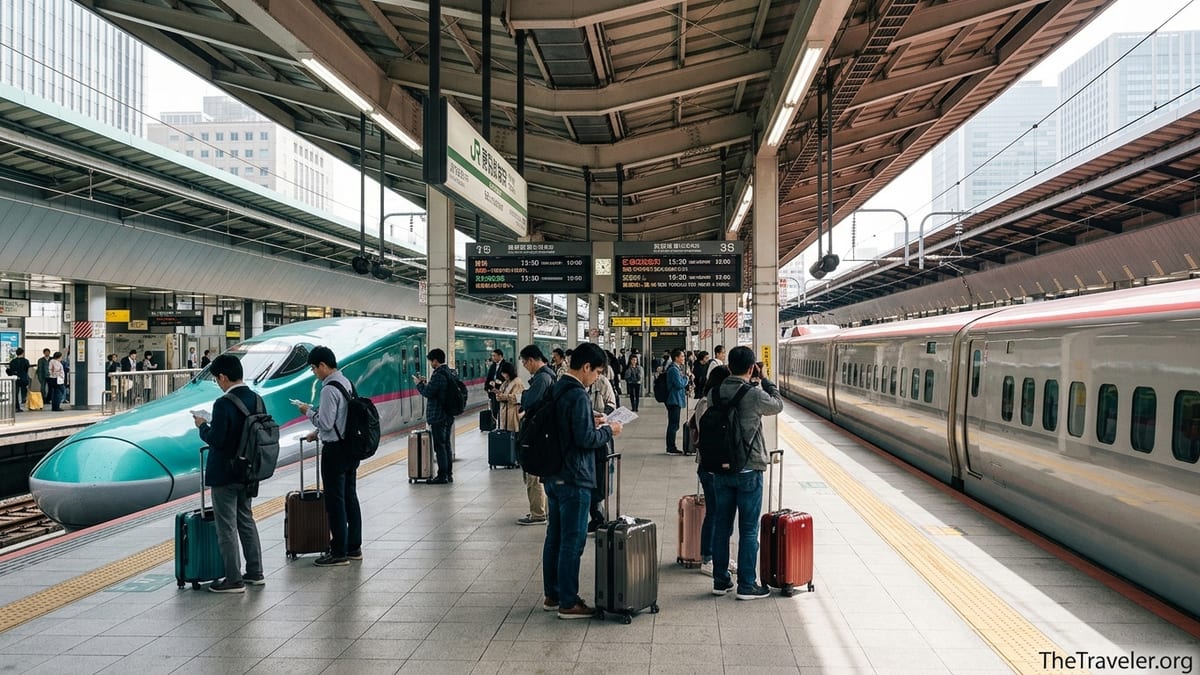 JR East Shinkansen at Tokyo Station with travelers preparing to board for Tohoku.