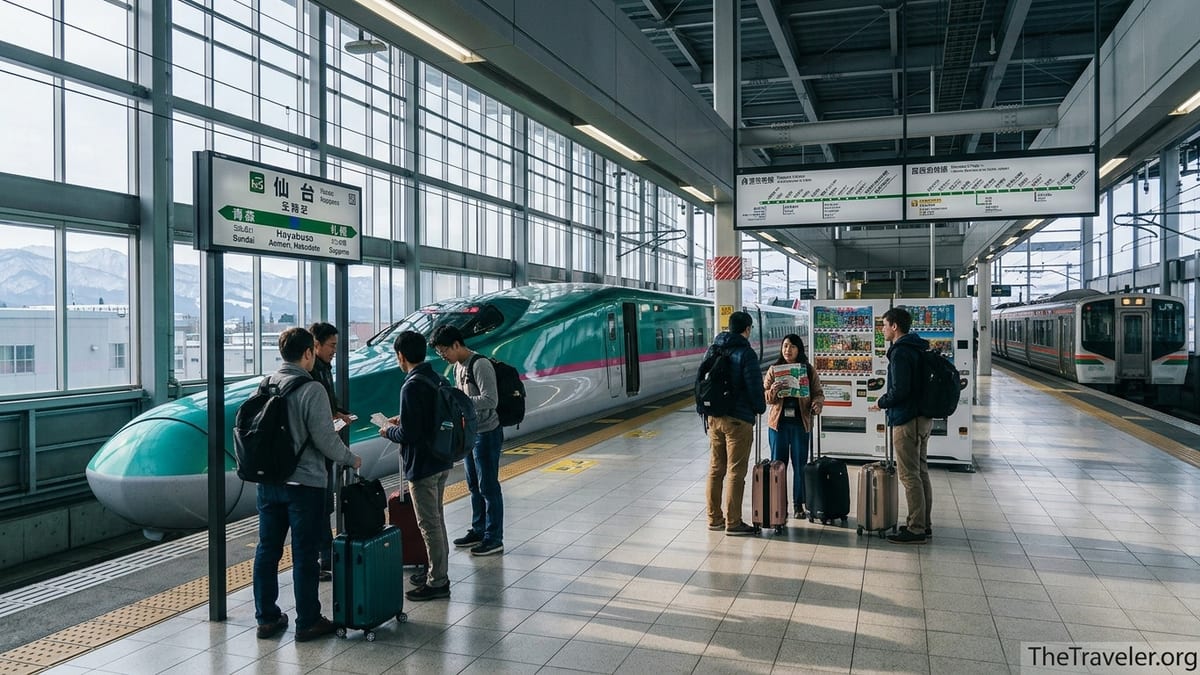Travelers boarding a Tohoku Shinkansen train at a JR station with rail passes in hand.