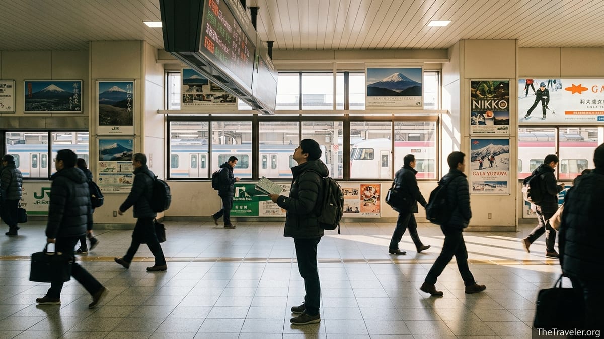 Traveler holding a JR Tokyo Wide Pass in a busy Tokyo station with Shinkansen platforms behind.