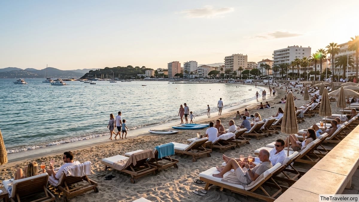 Early evening view of sandy beach and promenade at Juan les Pins with loungers and calm turquoise water.