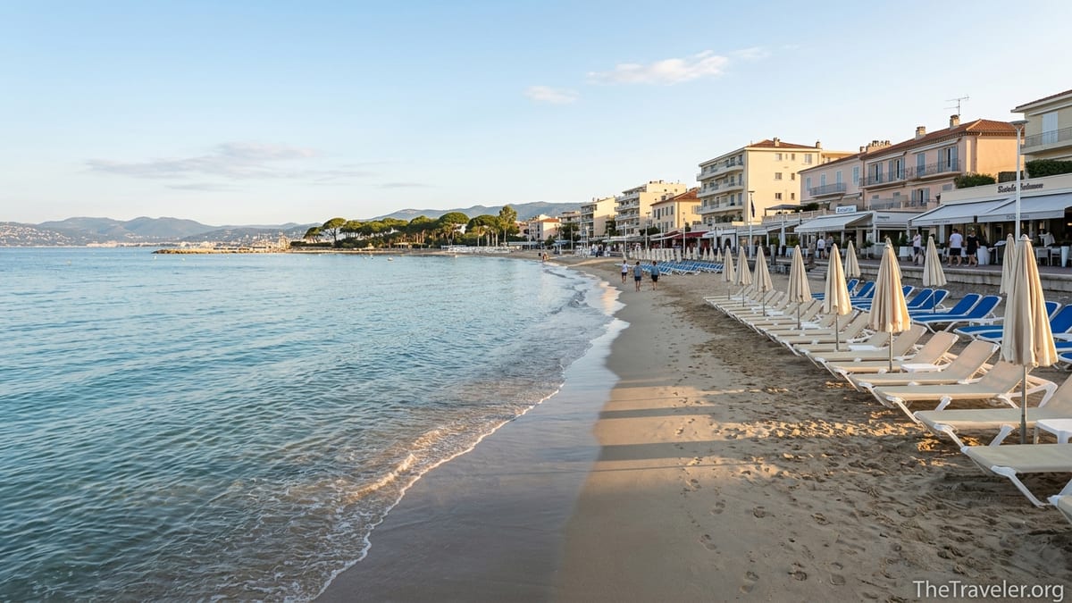 Early summer morning on Juan-les-Pins beach with sun loungers, calm sea, and pastel waterfront buildings.
