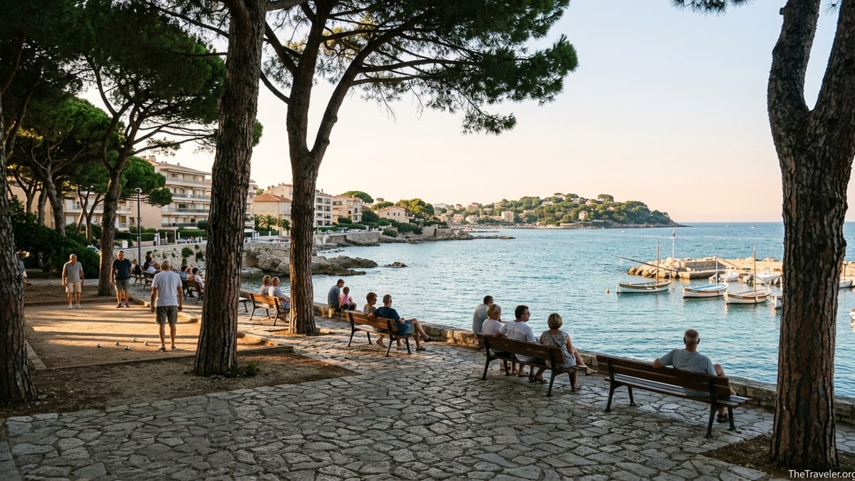 Pine-shaded promenade in Juan les Pins overlooking calm coves and Cap d’Antibes at sunset.