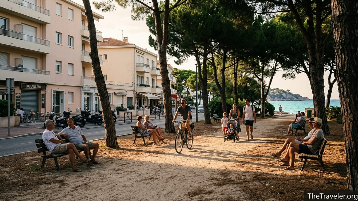 Shaded pine grove in Juan les Pins opening onto quiet side streets with locals and a glimpse of Cap d’Antibes at golden hour.