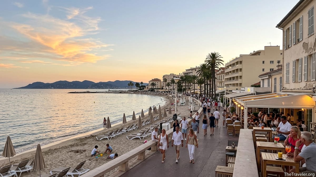 Early evening view of Juan-les-Pins beach and promenade with people, cafés and calm sea.