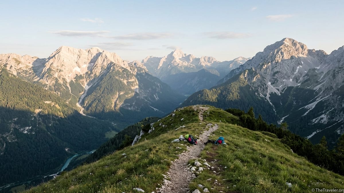 Wide view of hiking path above Lake Bohinj leading into the limestone peaks of the Julian Alps.