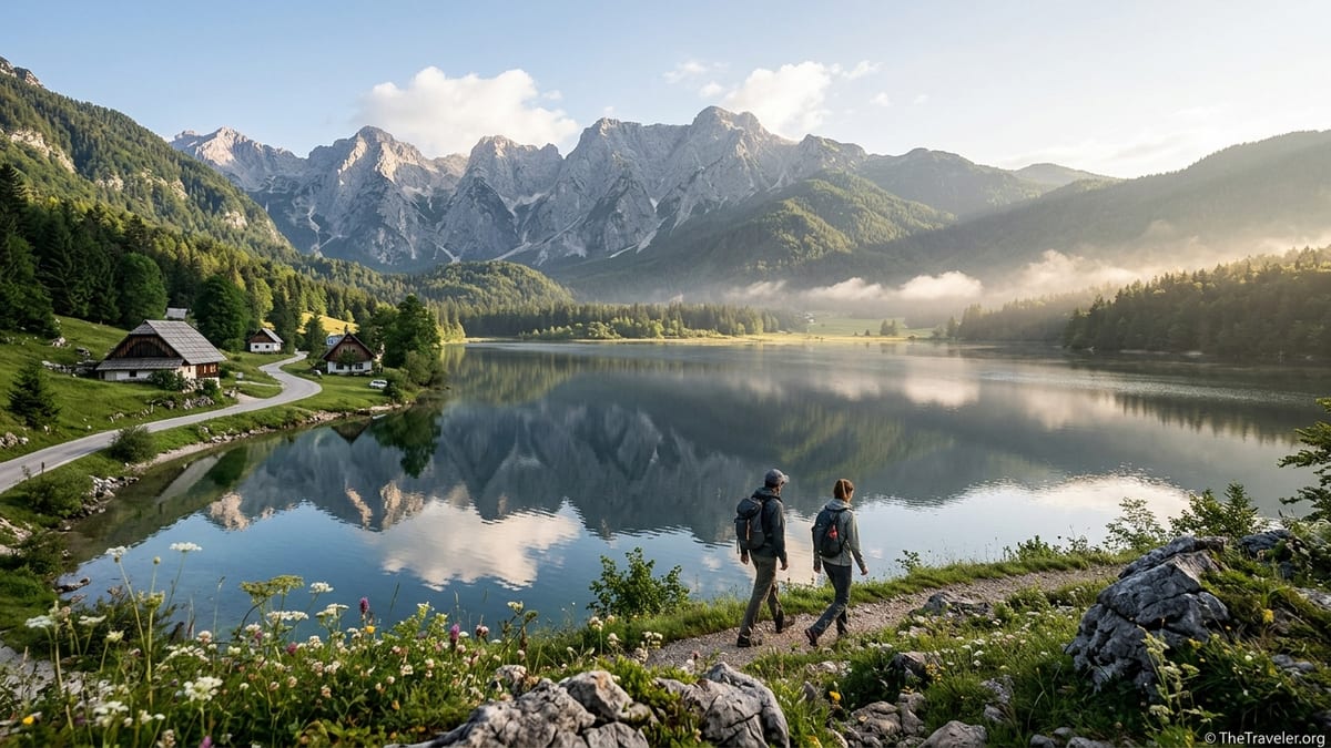 Early summer view over Lake Bohinj toward the Julian Alps with hikers on a lakeside path.