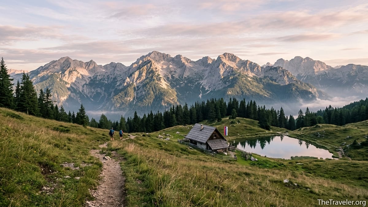 Early-morning view over Slovenia’s Julian Alps above Lake Bohinj with hikers on a mountain trail.