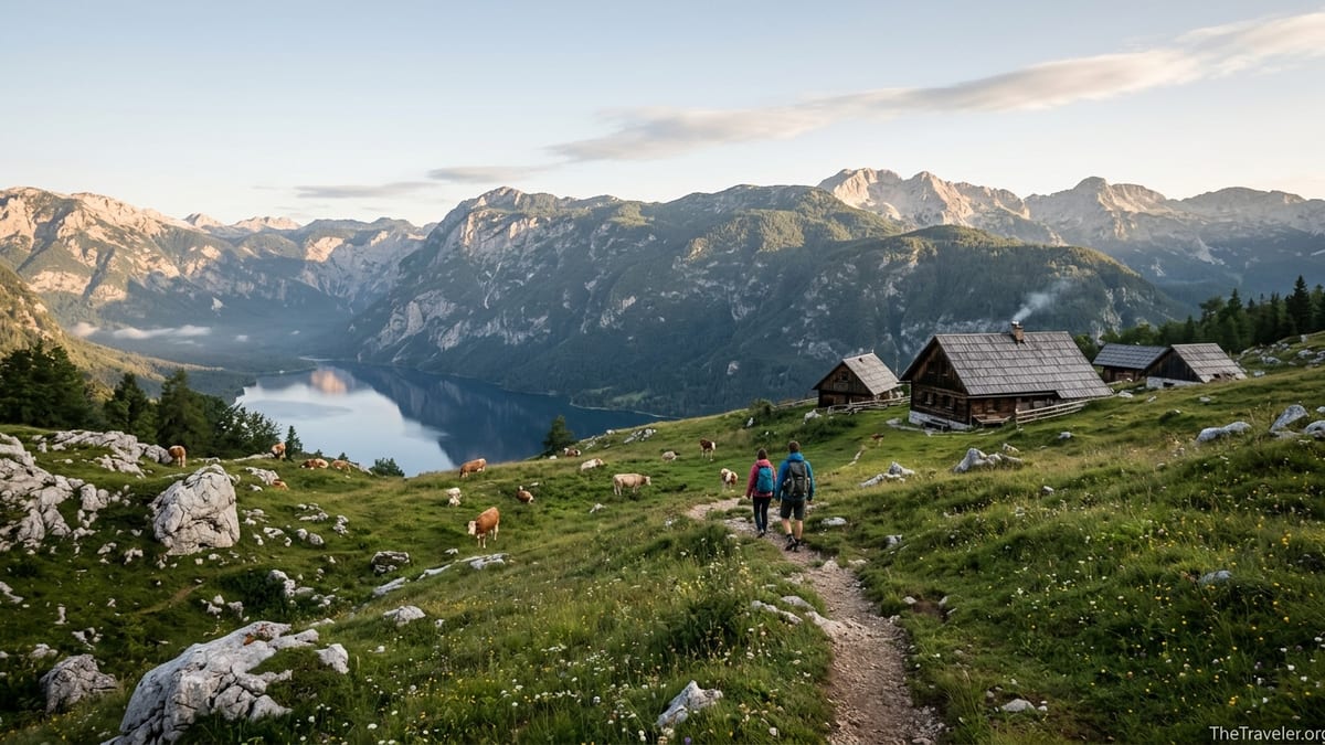 Sunrise over Slovenia’s Julian Alps above Lake Bohinj with hikers on a mountain trail.