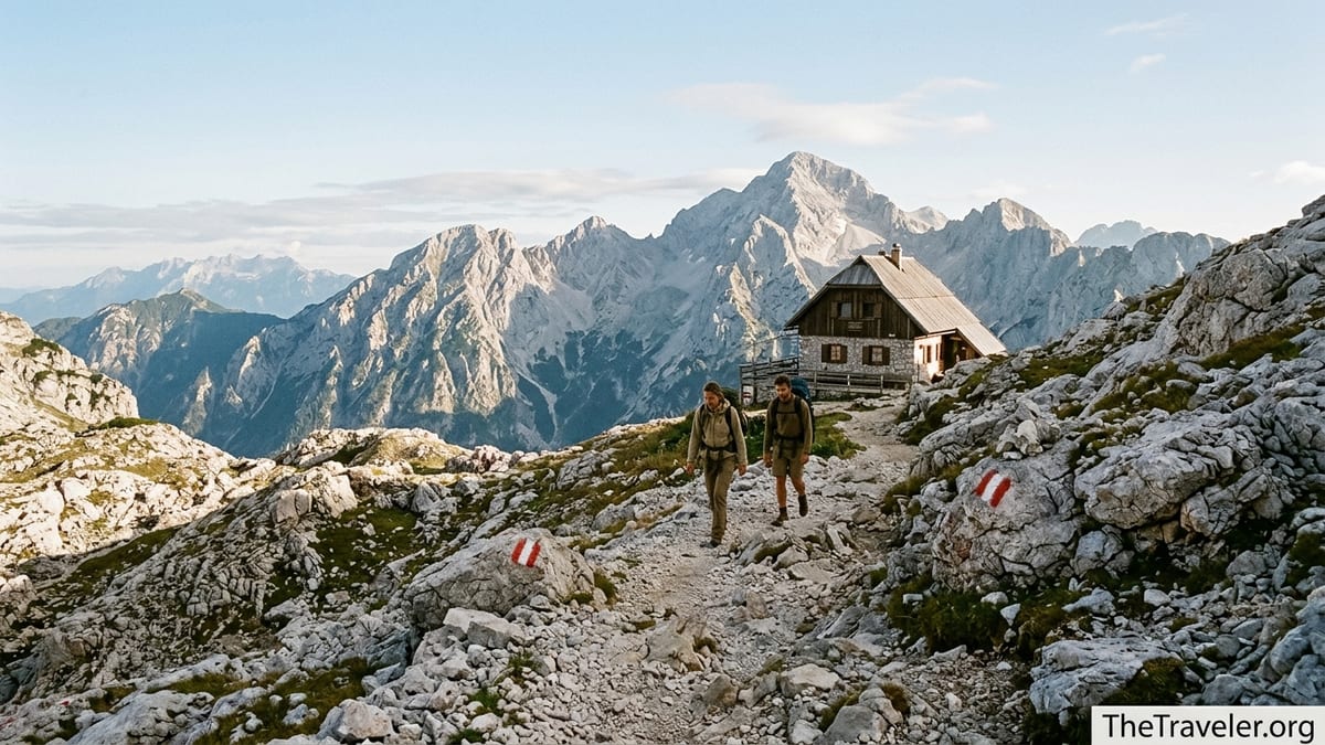 Hikers on a rocky trail approaching a mountain hut in Slovenia’s Julian Alps.