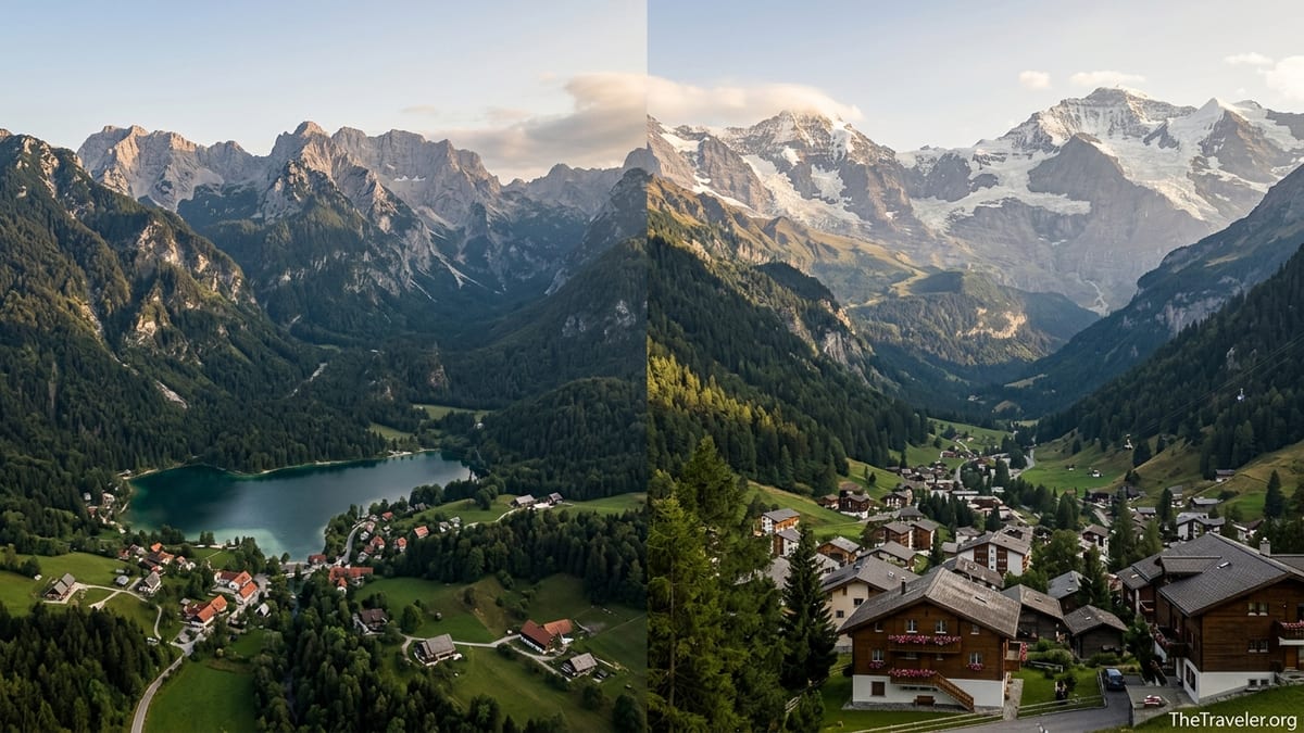Aerial view comparing a quiet lake valley in the Julian Alps with a chalet village beneath high peaks in the Swiss Alps.