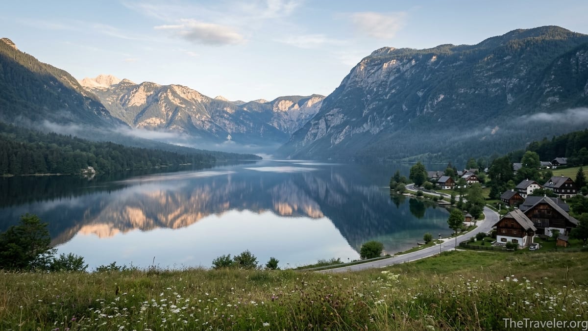 Sunrise over Lake Bohinj with Julian Alps peaks reflected in calm water.